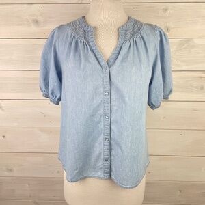 Bobeau Light Chambray Blue Denim Short Sleeve Blouse Womens Size Large Petite